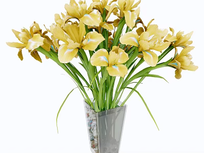 Beautiful Yellow Iris Flowers in Modern Gray Vase with Green Leaves 3d model