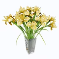 Beautiful Yellow Iris Flowers in Modern Gray Vase with Green Leaves