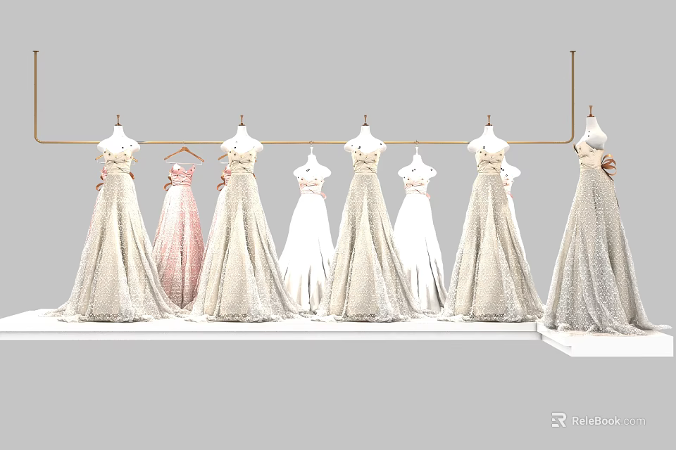 Elegant Formal Evening Dresses With Sparkling Sequins In Various Colors Hanging On Mannequins 3d model 