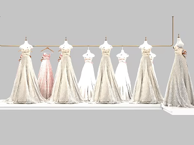 Elegant Formal Evening Dresses With Sparkling Sequins In Various Colors Hanging On Mannequins 3d model