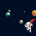 Happy Cartoon Astronaut With Red Flag Exploring Space With Colorful Planets Moon Stars