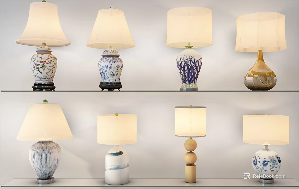 Diverse Decorative Table Lamps With Unique Base Designs Displayed On Shelves 3d model