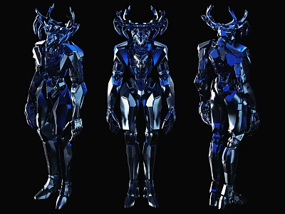 Smart Robot Figures With Blue Metallic Body And Horned Head Design 3d model