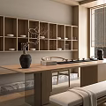Traditional Japanese Tea Room Featuring Wooden Shelves Tea Sets Long Table Bench and Zen Garden