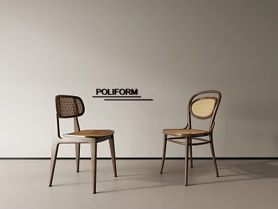 Pollform Single Chairs with Wooden Frame and Woven Back Design in Minimalist Modern Interior Setting 3d model