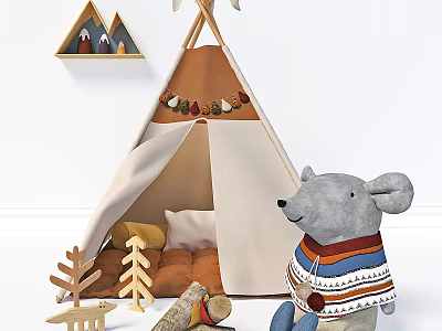 Gray Mouse Doll Wearing Colorful Striped Sweater Near Tepee Tent With Wooden Tree Logs Decorations 3d model