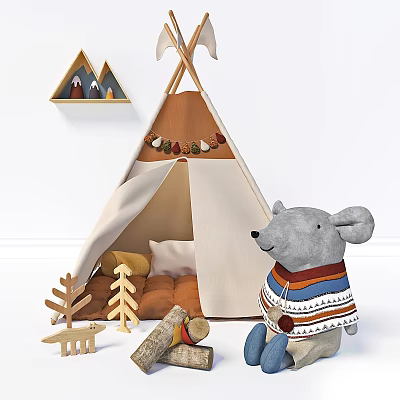Gray Mouse Doll Wearing Colorful Striped Sweater Near Tepee Tent With Wooden Tree Logs Decorations 3d model
