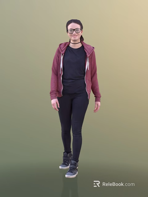 A woman wearing maroon hoodie black T-shirt black leggings and black shoes on green background 3d model 