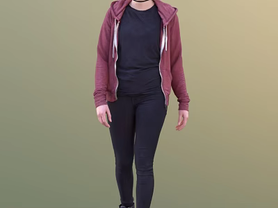 A woman wearing maroon hoodie black T-shirt black leggings and black shoes on green background 3d model