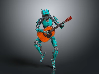 Smart Robot Playing Acoustic Guitar With Turquoise Mechanical Structure On Gray Background 3d model