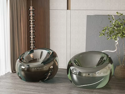 Modern Glass Spherical Accent Chair In Living Room With Wooden Floor Plant And Pendant Light 3d model