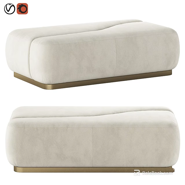 Modern Cream Upholstered Ottoman With Curved Design And Sleek Gold Metal Base 3d model 