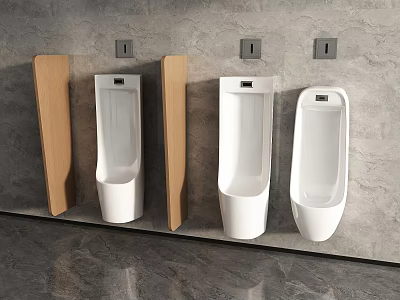 Modern White Urinals With Wooden Partitions On Grey Wall In Bathroom 3d model