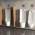 Modern White Urinals With Wooden Partitions On Grey Wall In Bathroom