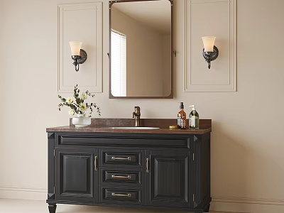 Bathroom Vanity With Marble Countertop And Mirror Above Side Wall Sconces Vase Toiletries On Top 3d model