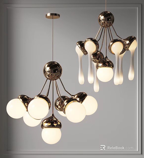 Elegant Contemporary Chandelier With Gold Metal Frame Multiple White Globe Lights And Decorative Droplets 3d model 