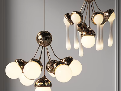 Elegant Contemporary Chandelier With Gold Metal Frame Multiple White Globe Lights And Decorative Droplets 3d model
