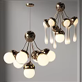 Elegant Contemporary Chandelier With Gold Metal Frame Multiple White Globe Lights And Decorative Droplets