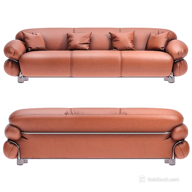 Brown Leather Three-Seater Sofa With Rounded Armrests And Metal Legs 3d model
