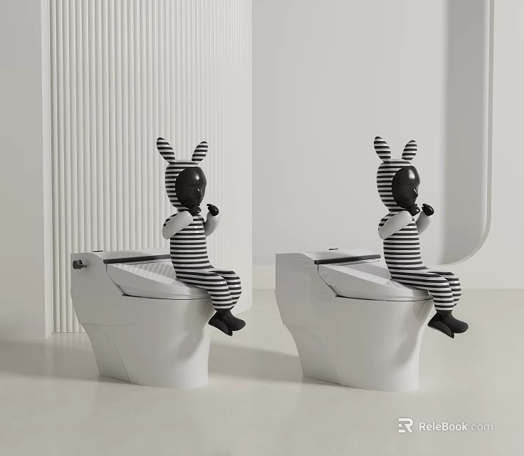 Rabbit Ear Sculpture Carving With Black And White Stripes Sitting On White Toilet 3d model 