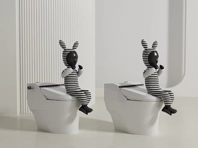 Rabbit Ear Sculpture Carving With Black And White Stripes Sitting On White Toilet 3d model