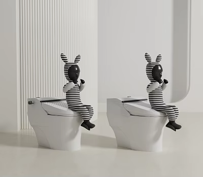 Rabbit Ear Sculpture Carving With Black And White Stripes Sitting On White Toilet 3d model
