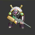 Game Movie Character Robot With Silver Armor Green Yellow Accents Holding Gun And Shoulder Cannons