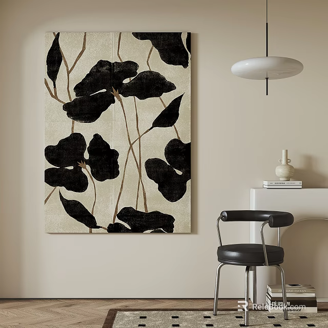 Beige Wall Art With Black Leaf Pattern Black Bar Stool White Shelf And Vase 3d model
