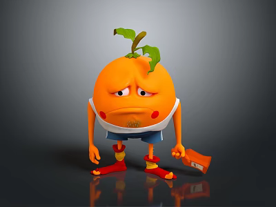 Anthropomorphic Orange Character With Sad Expression Wearing White Shirt Blue Shorts And Holding Box 3d model