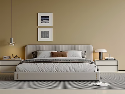 Double Bed with Beige Bedhead Pillows Nightstands Table Lamps and Wall Paintings on Striped Rug 3d model