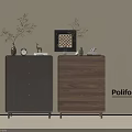 Modern Poliform Console And Side Cabinets With Gray Wooden Finish And Decorative Items