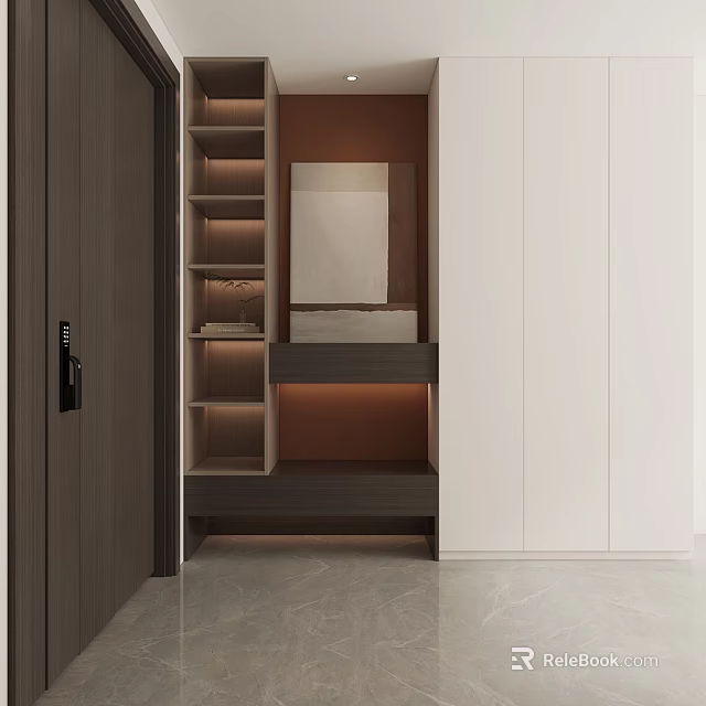 Modern Elegant Walk in Closet Interior With Mirror LED Lighting And Wooden Cabinets 3d model 