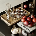 Decorative Ornament Set With Wooden Tray Glass Cups Chocolate Truffles And Fresh Apples