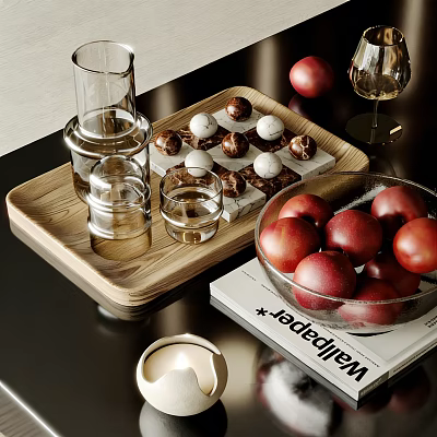 Decorative Ornament Set With Wooden Tray Glass Cups Chocolate Truffles And Fresh Apples 3d model
