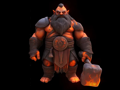 Epic Muscular Bearded Armored Fantasy Warrior Holding Flaming Hammer Game Character 3d model