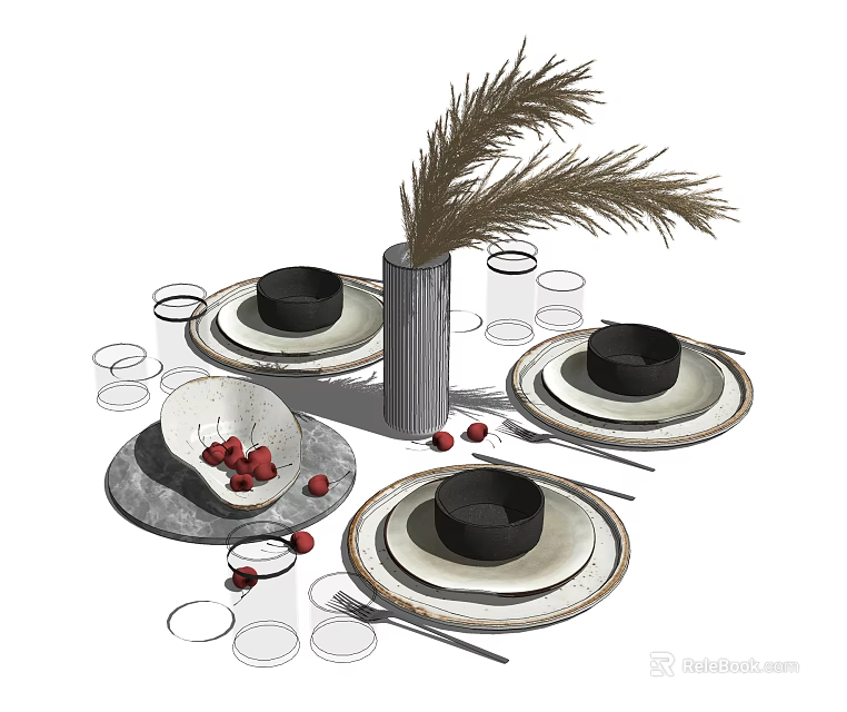 Elegant Dinnerware Set With Plates Glasses Vase Feather Decoration And Red Berries 3d model 