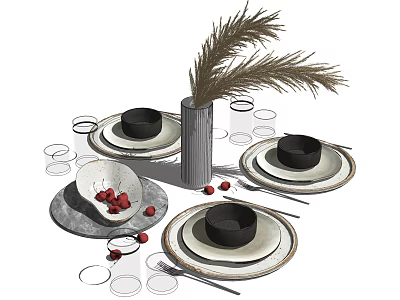 Elegant Dinnerware Set With Plates Glasses Vase Feather Decoration And Red Berries 3d model