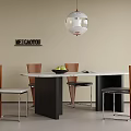 Dining Table And Chair Set With White Tabletop Black Legs Brown Backrests And Spherical Pendant 3d model