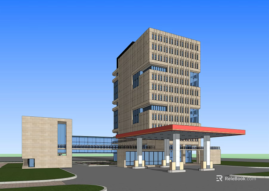Modern Multi Storey Office Building With Stone Facade Large Windows And Red Roofed Entrance 3d model 