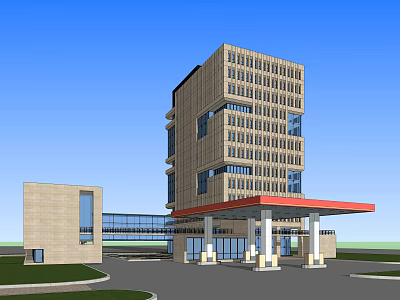Modern Multi Storey Office Building With Stone Facade Large Windows And Red Roofed Entrance 3d model