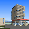Modern Multi Storey Office Building With Stone Facade Large Windows And Red Roofed Entrance
