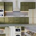 Green Modern Kitchen Interior With Green Cabinets White Refrigerator Range Hood And Tile Backsplash