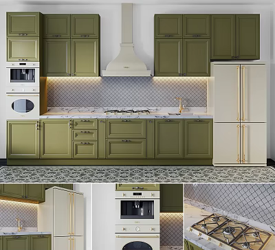Green Modern Kitchen Interior With Green Cabinets White Refrigerator Range Hood And Tile Backsplash 3d model