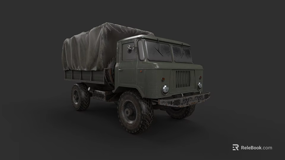 Green Military Truck With Canvas Covered Cargo Bed And Off Road Tires 3d model 