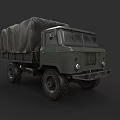Green Military Truck With Canvas Covered Cargo Bed And Off Road Tires