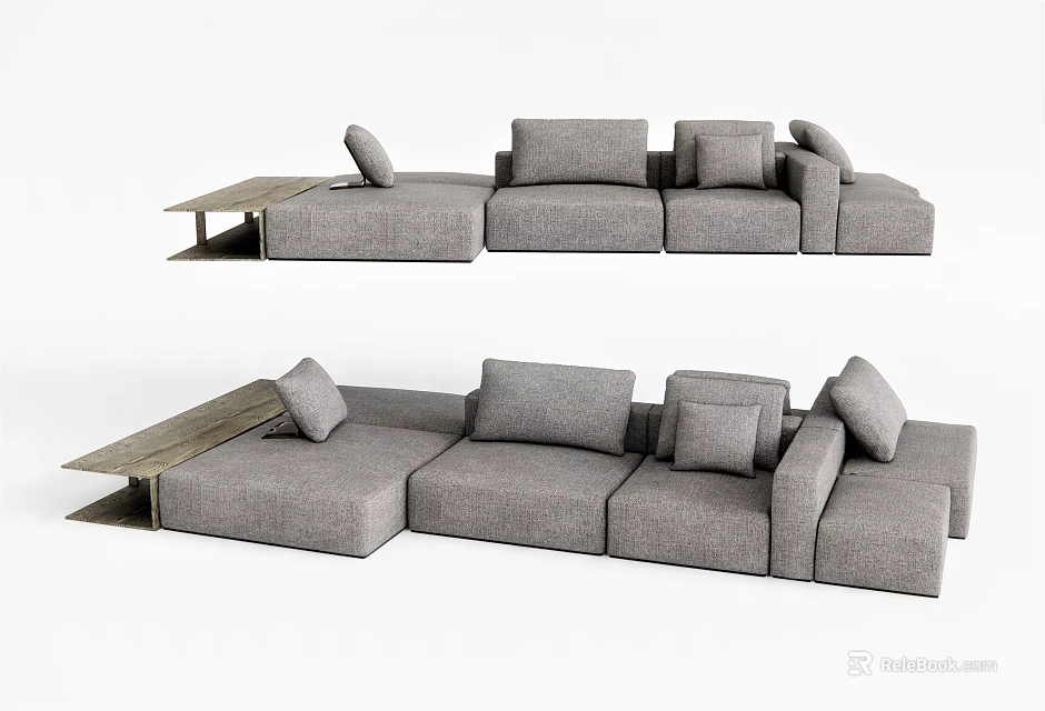 Modern Gray Fabric Modular Sectional Sofa With Multiple Cushions And Wooden Side Table 3d model 