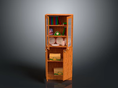 Wooden Display Cabinet With Glass Door Plates Cups And Storage Boxes 3d model