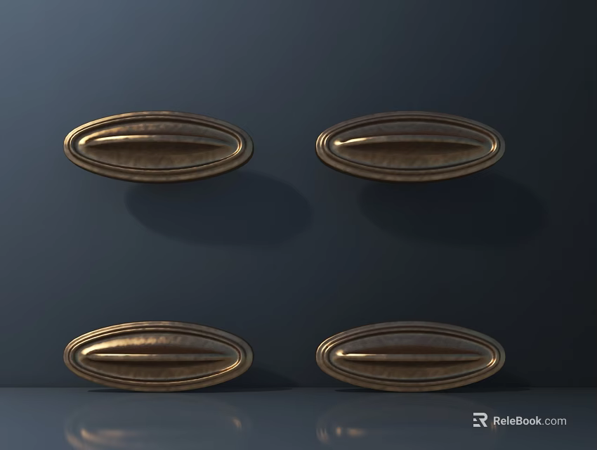 Four Golden Oval Door Handles With Metallic Finish On Deep Blue Wall 3d model 
