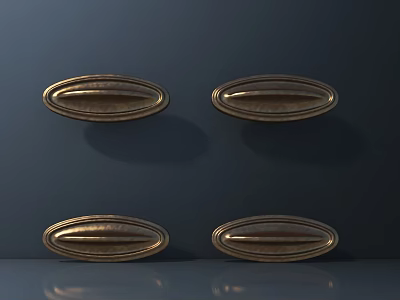 Four Golden Oval Door Handles With Metallic Finish On Deep Blue Wall 3d model