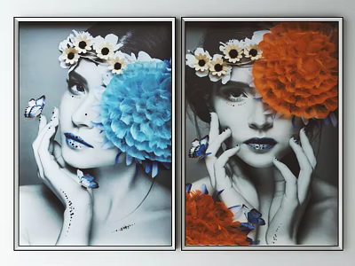 Artistic Portrait Paintings With Sunflower Wreath Butterflies And Blue Orange Flowers 3d model